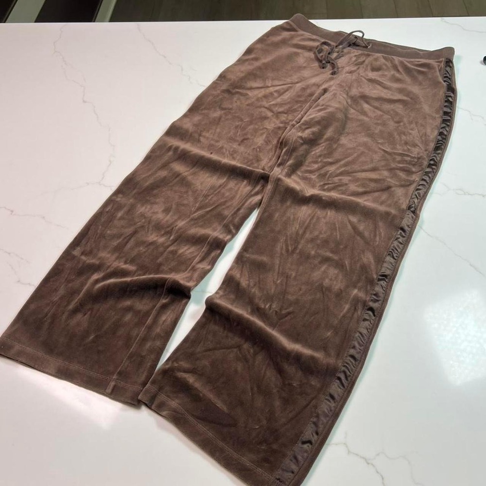 Moda International Velour Pants Womens Medium Brown Wide Leg Ruffle Trim Y2K